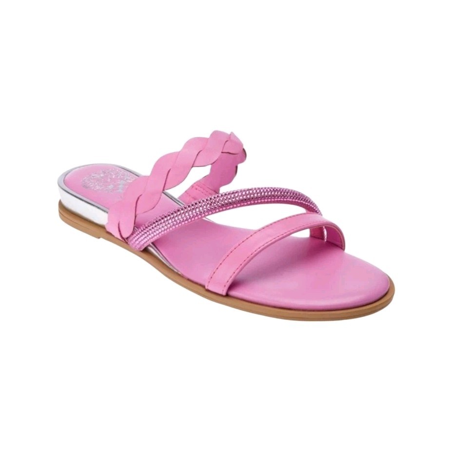 Vince Camuto Women’s Pink Leather Slip-On Flat Sandals Rhinestone US 8.5