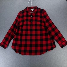 CJ Banks Shirt Womens 1X Red Black Buffalo Plaid Long Sleeve Popover Buttoned