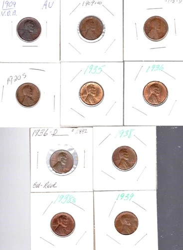 Ten Lincoln wheat cents 1909vdb 1915d 1920s to 1938s fine/AU