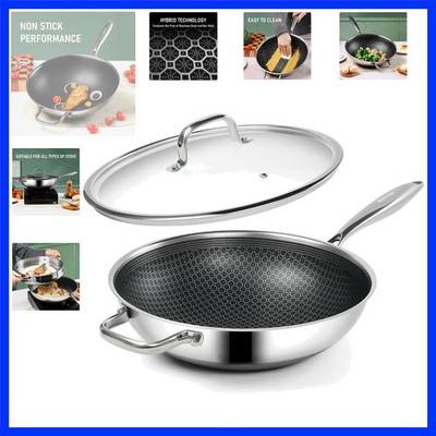 Hybrid 12-Inch Wok with Lid,Nonstick Stainless Steel Woks & Stir-fry pans,Sta...