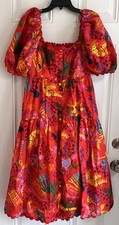 NWT FARM Rio Good Vibes Midi Red Rainbow Swiss Dress Tropical Beach Women’s S