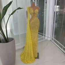 Gold One‑Shoulder Sequin Mermaid Prom Dress Mesh Cutout Long Train Evening Gowns