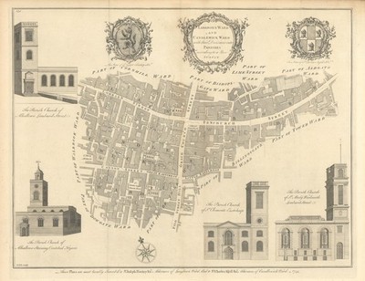 Langborn Ward and Candlewick Ward  City of London. COLE 1760 old antique map