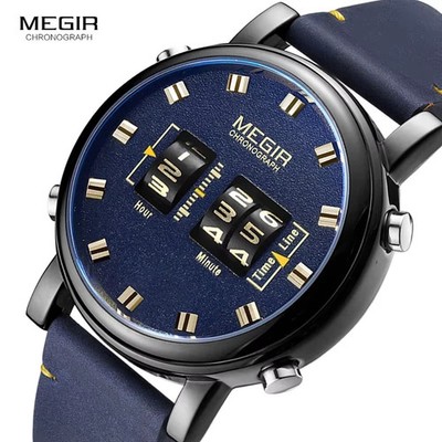 MEGIR Drum Roller Watch Men Top Luxury Brand Man Holographic Glass