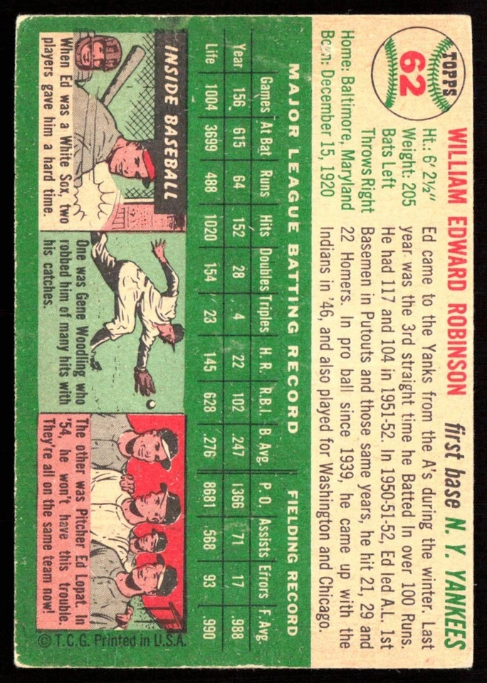 Eddie Robinson 1954 Topps A #62 New York Yankees - Image 2 of 3