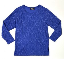 Silver Threads Top Womens Large Blue Crinkle Textured Stretch USA Made