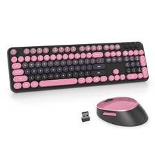 Black and Pink Keyboard and Mouse Wireless, Retro Typewriter Cute Colorful Wi...