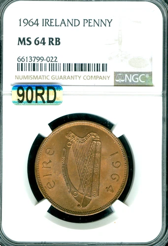 1964 IRELAND HALF PENNY NGC MS64 RB  MAC 90RD & SPOTLESS   *