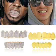 New Custom Fit 18k Gold Plated Hip Hop Teeth Grillz Caps Top Bottom Grill Set