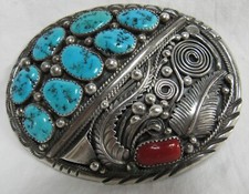 Vtg Old Pawn Native American Navajo Sterling Silver Turquoise 3" Belt Buckle 51g