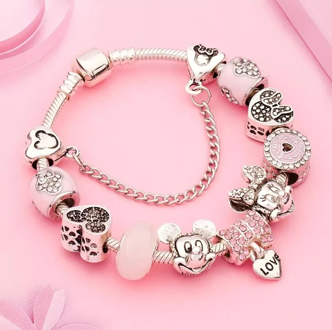 PANDORA silver bracelet with crystal heart and love European charms