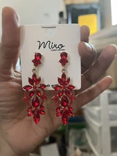 Earrings Red Gold Dangle Drop Rhinestone Prom Long Crystal Pageant