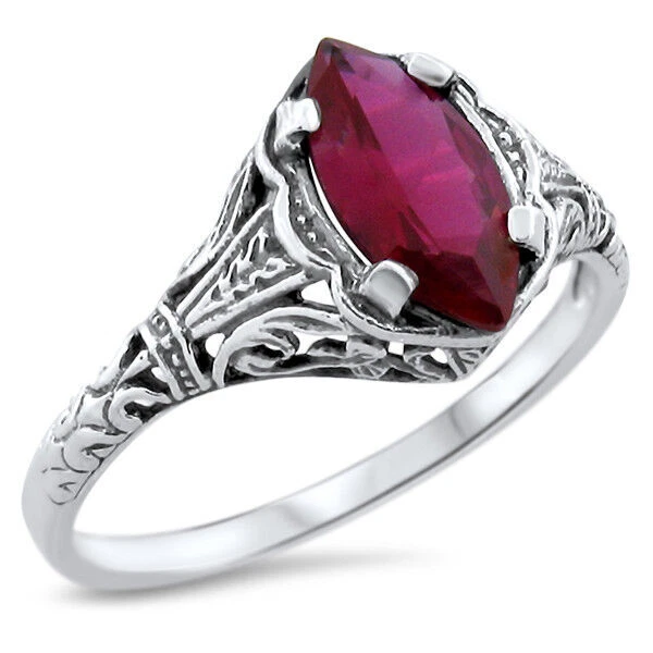 ANILLO FILIGRANA RUBÍ ESTILO ART DECO PLATA ESTERLINA 925 CREADO EN LABORATORIO 1,20 QUILATES 625X Foto 2 de 4