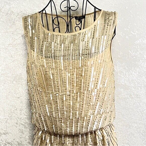 RIVER ISLAND Evening Dress Womens 12 Gold Beaded Sequins Blouson Top Draped Back - Picture 4 of 15