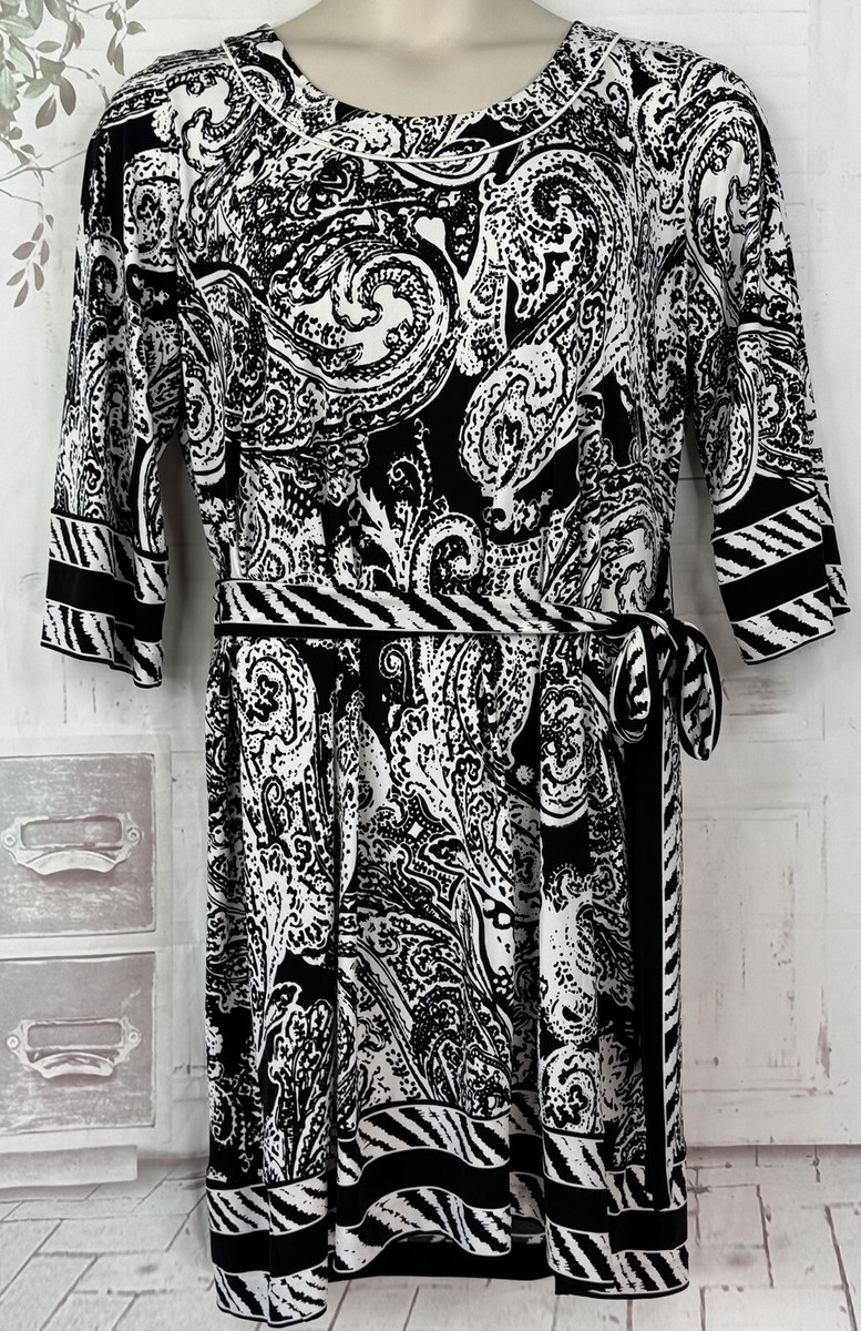 Alfani Womens Black White Paisley Sheath Belted Drapy Stretch Dress Plus Sz. 1X Alfani Womens Black White Paisley Sheath Belted Drapy Stretch Dress Plus Sz. 1X