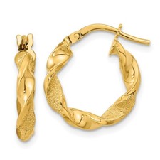 Real 14kt Yellow Gold Polished and Textured Twisted Hoop Earrings