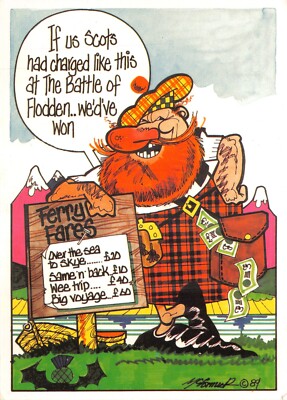 SCHOTTISCHE COMIC POSTKARTE FÄHRTARIFE KONTINENTALE GRÖSSE UNBENUTZT SEHR GUT/ POSTFRISCH