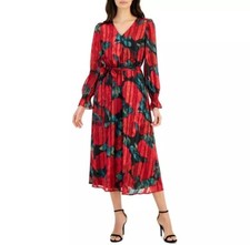 Anne Klein Women's Metallic Size 10 Long-sleeve V-neck Tea Length Midi Dress 