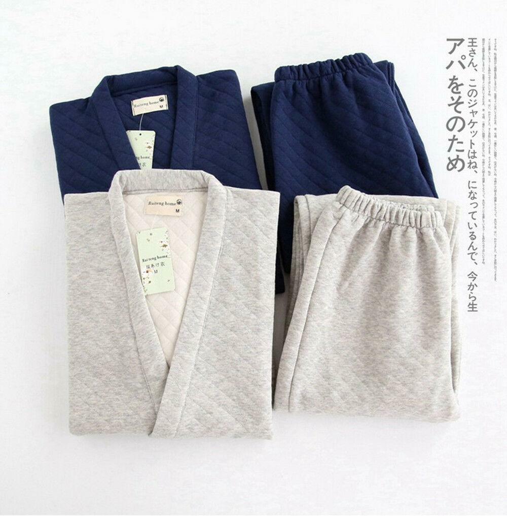 Winter Japanese Men Pajama Sleep Wear Top Pant Wadded Cotton Kimono Set image 3
