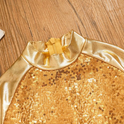 AU Girls Shiny Metallic Long Sleeve Crop Top with Skater Skirt Set Dance Outfits - Picture 13 of 73