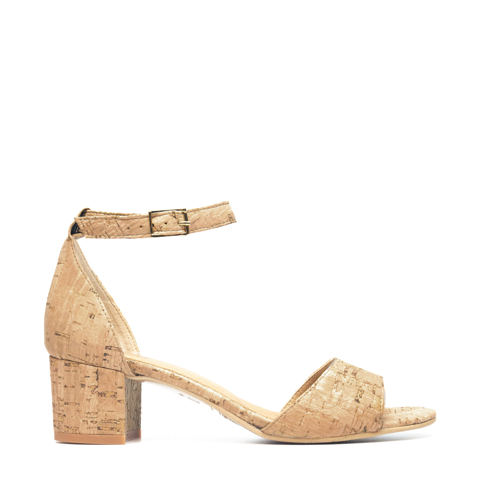 Vegan Sandal Tacón Ancho Tira Tobillo Punta Abierta Corcho Orgánico Transpirable