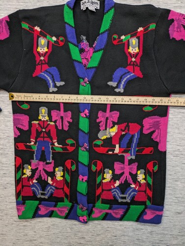 VTG Jack B Quick Belle Point Christmas Cardigan 90s Sz M Allover Print Buttons - Picture 10 of 13