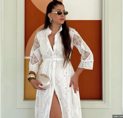 ZARA WOMAN $129 WHITE EMBROIDERED MIDI SHIRT DRESS Collar 4786/092