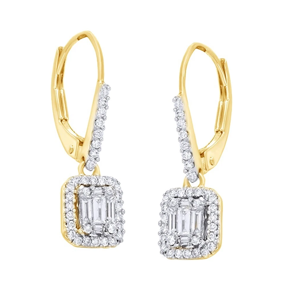 Aretes colgantes con marco rectangular de diamantes naturales blancos de 0,5 quilates en oro amarillo de 14 quilates Foto 4 de 4