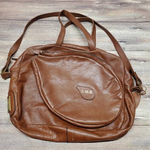 Vintage LAND Brown Leather Zippered Tennis Racquet Cover Case Travel