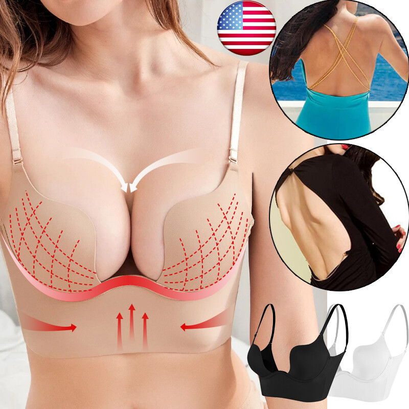 Low Back Bra Lemorosy Dames Push-up Beha Met Open Rug - Diepe U-hals, Multiway Bandjes, Beugel - Zwart, Maat 75D Bh Lage Rug