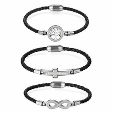 Stainless Steel Cross Cuff Bracelet Leather Braided Rope Men Women Jewelry Gift