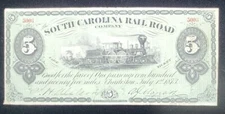 1873 $5 State of South Carolina Railroad Company Fare Ticket