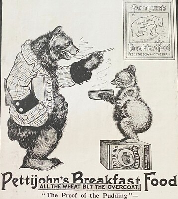 PETTIJOHN'S Papa Bear&Cub Eat Breakfast Food Cereal Vtg1900 Kitchen Art Print Ad