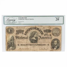 1864 T65 Confederate States of America Note $100 Legacy VF 20