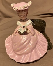 Vintage Ceramic Lady Planter Pink With Beautiful Flowered Hat 5&rdquo;