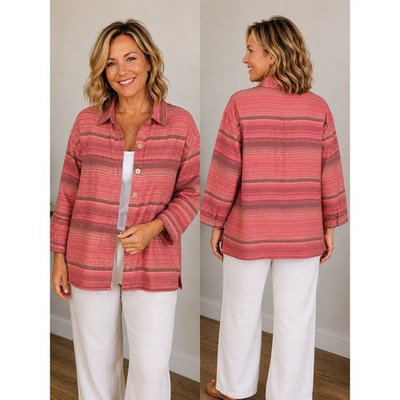 Linden Hill Cotton Linen Blend Shirt/ Jacket XL Coral Pink Striped Button Front