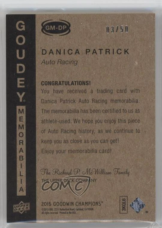 2015 Goodwin Champions Goudey Memorabilia Premium Series /50 Danica Patrick - Image 2 of 2