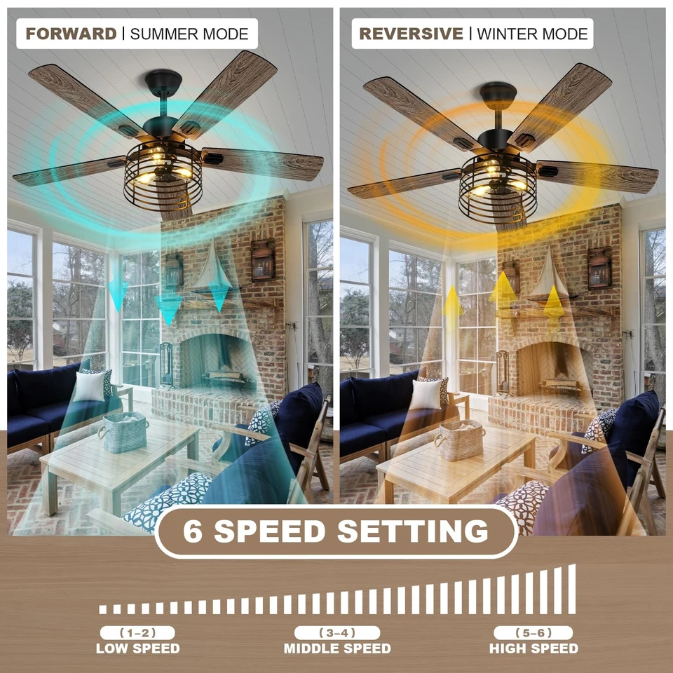 52 Inch Farmhouse Ceiling Fan with Light and RemoteBlack Industrial Caged Cei... - Image 2 of 4