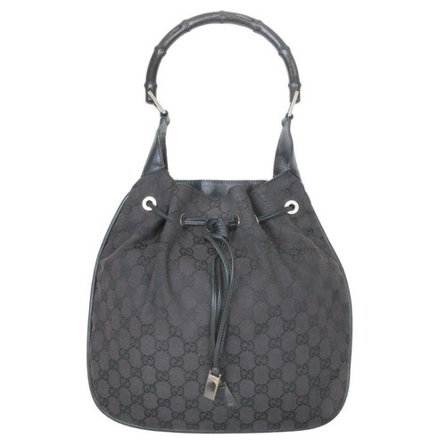 GUCCI GG Canvas Bamboo drawstring Handbag Shoulder Bag Tote dark Brown Black lad