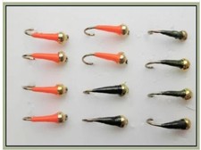 12 Barbless Goldhead Buzzer Trout Fishing Flies, sight bob -SBK Orange & Olive