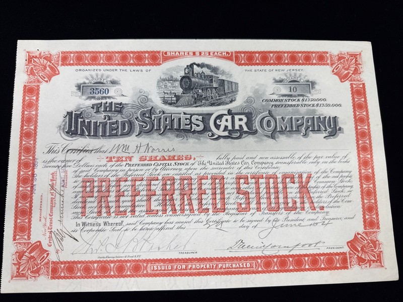 Antique 1894 United States Car Company Stock Certificate