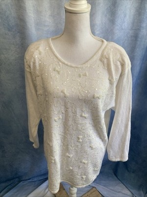 VTG 80s Jaclyn Smith Beaded Sequin Tunic Sweater Large Ivory Knit Shoulder Pads