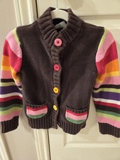 Girls Small 5-6 Brown Button Down Sweater With Multicolor Sleeves - Beautiful 
