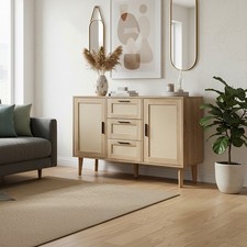 Rattan Sideboard Cabinet Storage Cupboard Modern Buffet with 2 Doors 3 Drawers