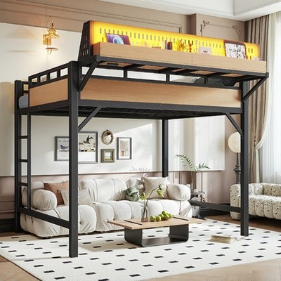 Full Size Metal Loft Bed Frame with Storage Shelves,Pegboard &LED Lights Natural