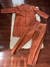 Vintage Western Women  s Orange Suede Long Jacket Pant Set .