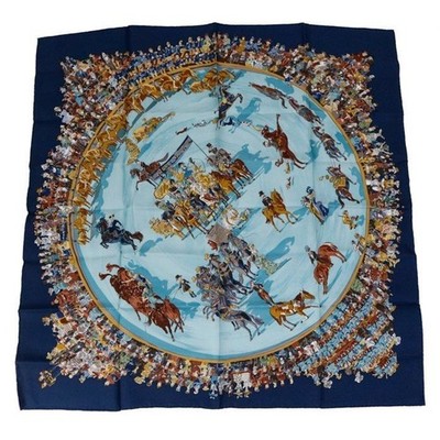HERMES Carre 90 Cirque Molier Silk Scarf Philippe Dumas Blue Used Tags No Box