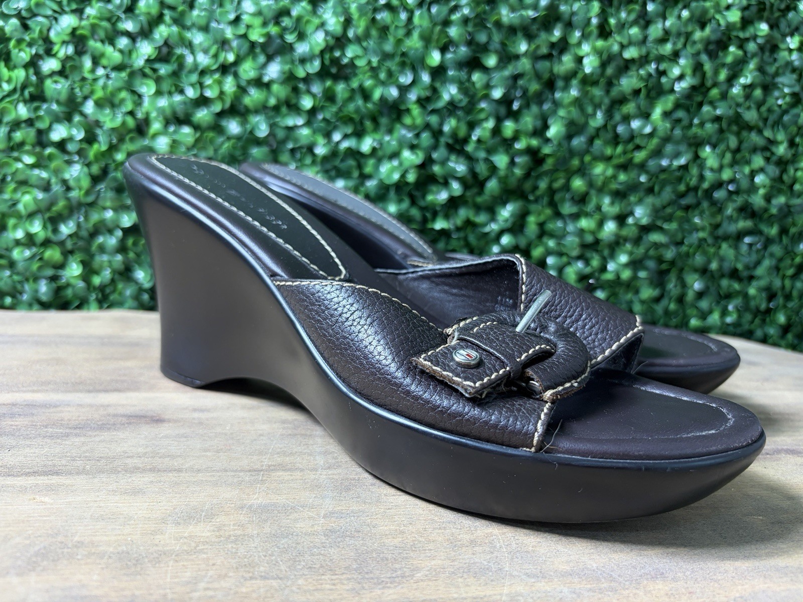 VTG 90s Y2k Tommy Hilfiger Brown Leather Platform Wedge Heels Slides Size 11M