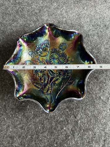 Carnival Glass Dish by Imperial Amethyst Purple PANSY Pattern Ruffled Cut Arcs - Picture 19 of 24