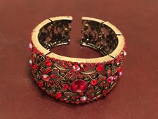 Vintage Red Rhinestone Cuff Bangle Bracelet with dark-toned base